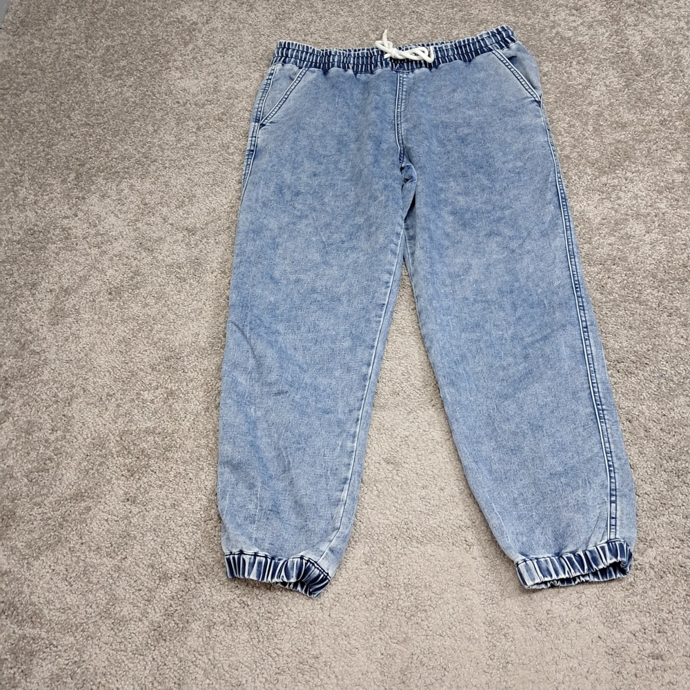 Women Acid Wash Denim Jogger Pants Elastic Waist Drawstring Blue Size 14